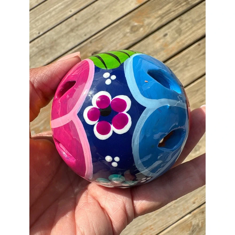 Hand Painted Talavera Style Ceramic Floral Sphere Hanging Ornament Blue Pink